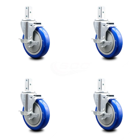 Service Caster 5 Inch Blue Poly Wheel Swivel 3/4 Inch Square Stem Caster Set with Brake SCC SCC-SQ20S514-PPUB-BLUE-TLB-34-4